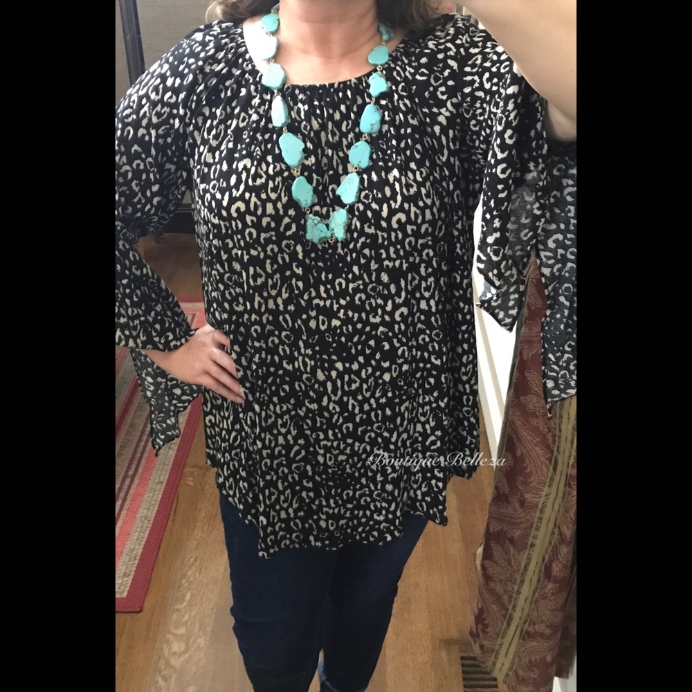 On/Off Shoulder Leopard Print Bell Sleeve Blouse